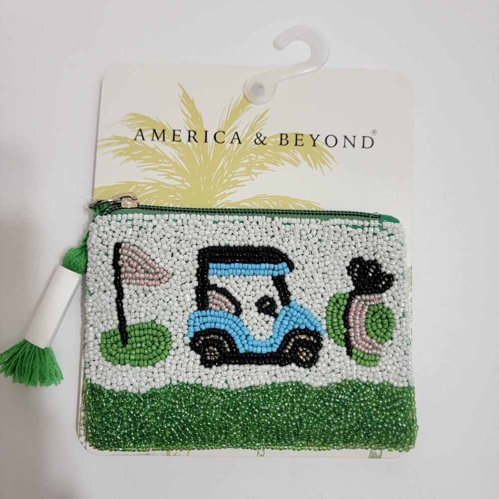 NEW America And Beyond Blue Golf Cart Beaded Coin Purse/ Pouch Handmade in India
